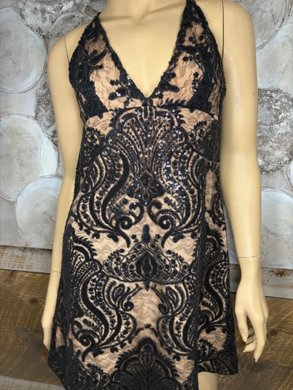 Free People Black Sheer Lace Sequin Dress | Nude Lined | Size L | Open Back - Picture 2 of 5